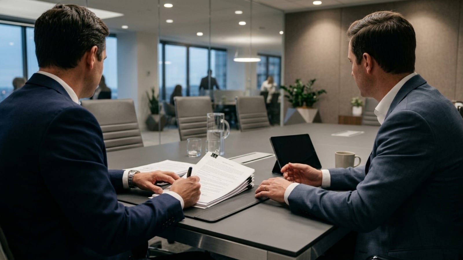 Deux consultants en costume analysant un dossier immobilier lors d'une réunion dans un bureau professionnel à Bruxelles