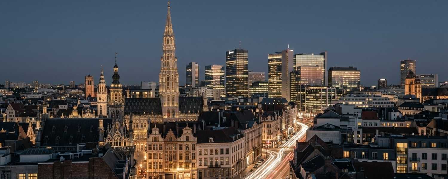Skyline de Bruxelles de nuit — FAYS Capital, accompagnement immobilier premium en Belgique